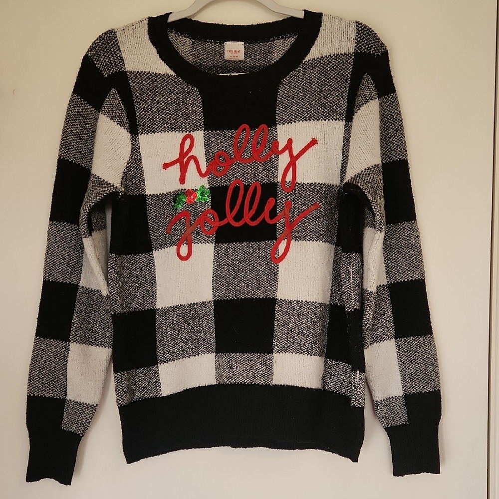 Holiday Time Black and White Checkered Sweater with Red Embroidery